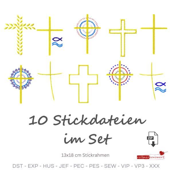 10 Stickdateien im Set Kreuze für 13x18 Rahmen religiöse Motive für Gotteslob S064-set-01